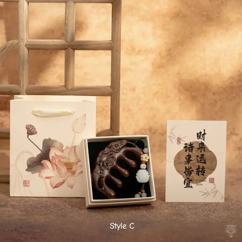 Carved Wooden Comb Gift Set with Lotus Gift Box & Tote Bag