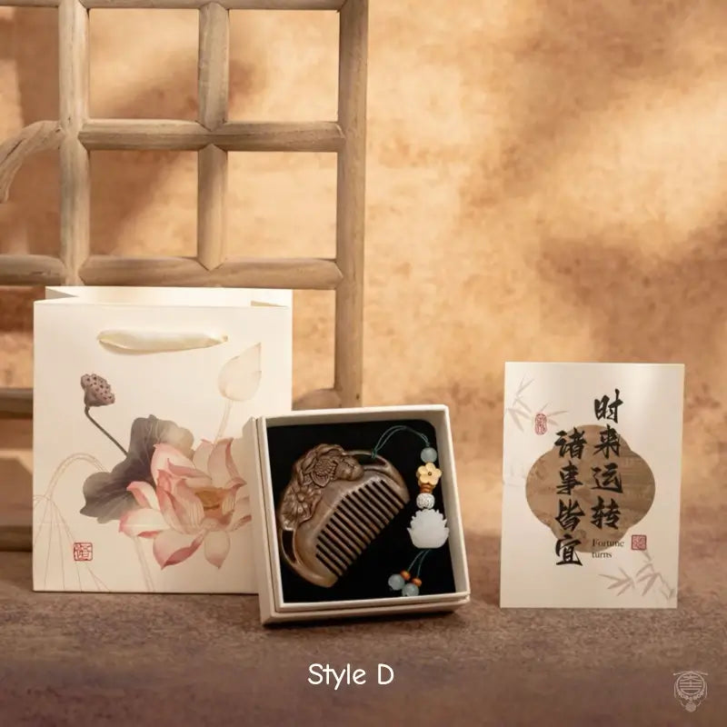 Carved Wooden Comb Gift Set with Lotus Gift Box & Tote Bag