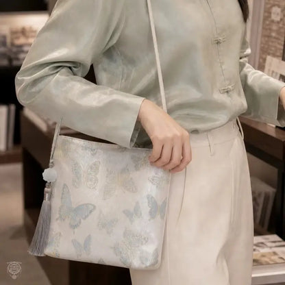Butterfly Embroidery Square Shoulder Bag with Long Tassel – 3 Colors
