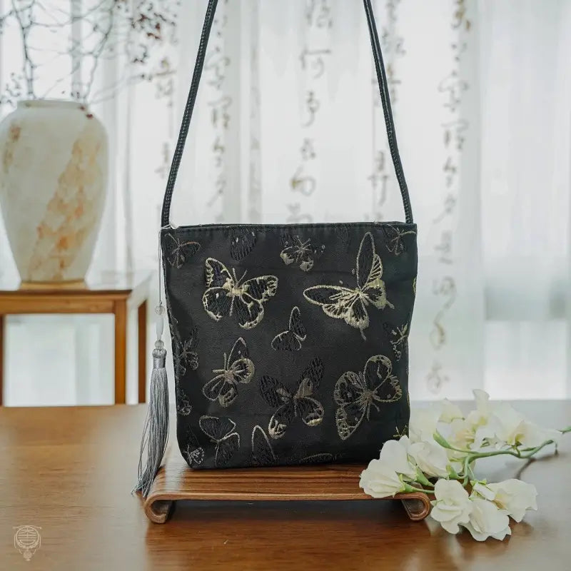 Butterfly Embroidery Square Shoulder Bag with Long Tassel – 3 Colors