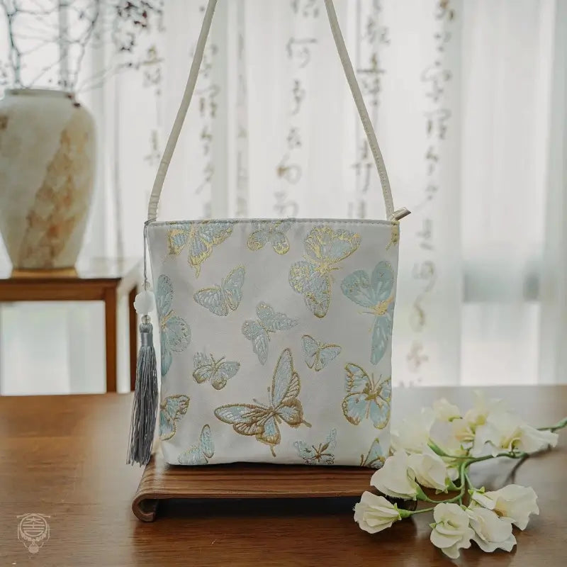 Butterfly Embroidery Square Shoulder Bag with Long Tassel – 3 Colors