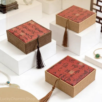 Vintage Tassel Chinese Jewelry Box - Red Calligraphy Fabric Storage Case
