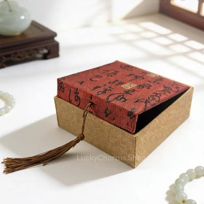 Vintage Tassel Chinese Jewelry Box - Red Calligraphy Fabric Storage Case