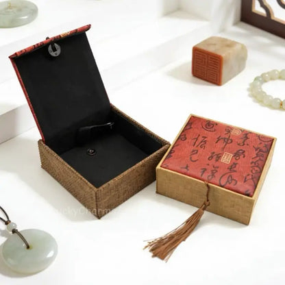 Vintage Tassel Chinese Jewelry Box - Red Calligraphy Fabric Storage Case