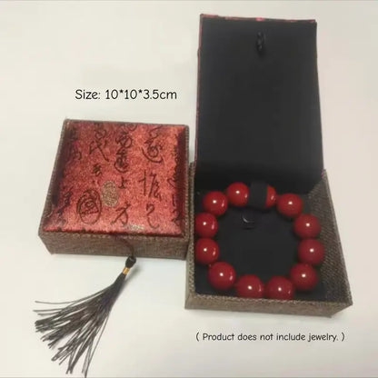 Vintage Tassel Chinese Jewelry Box - Red Calligraphy Fabric Storage Case