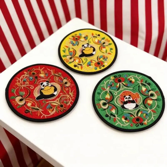 Panda Embroidered Fabric Tea Coaster  (12cm)