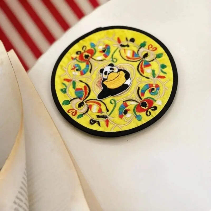 Sacred Threads Mythical Panda Satin-Stitch Embroidered Coaster (12cm) - Heavyweight Intricate Fabric Tea Mat for Desk Curation & Luxury Dining