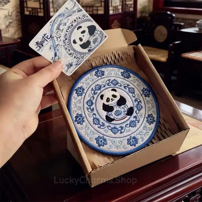 Blue and White Porcelain Embroidered Panda Tea Coaster - Fabric Mat
