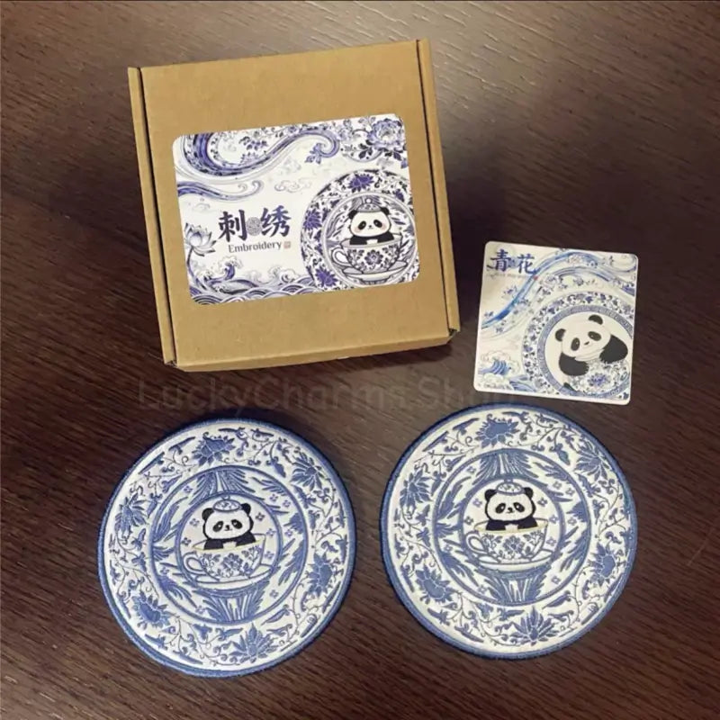 Blue and White Porcelain Embroidered Panda Tea Coaster - Fabric Mat