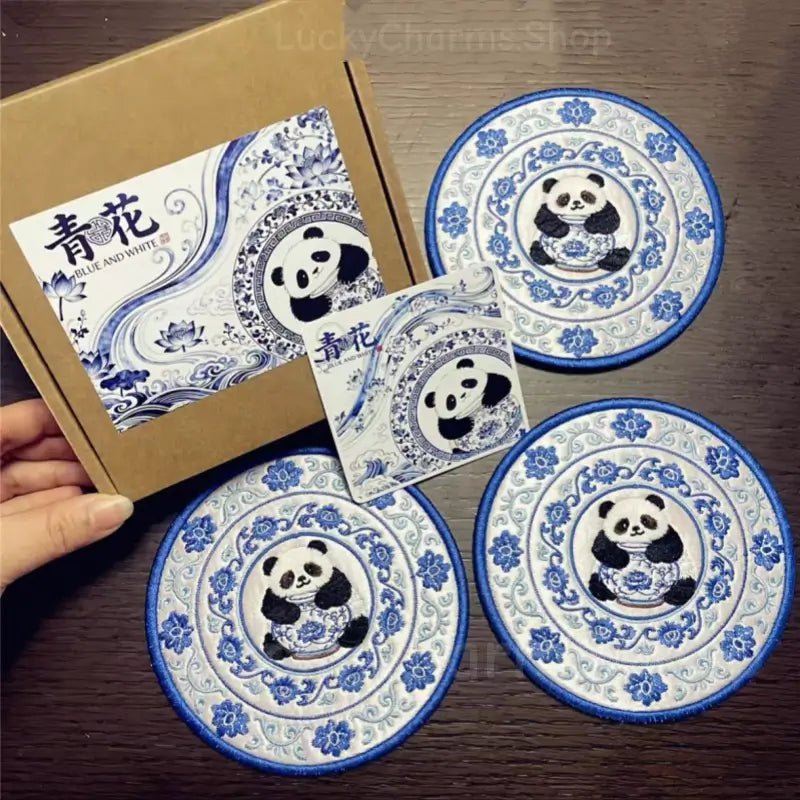 Blue and White Porcelain Embroidered Panda Tea Coaster - Fabric Mat