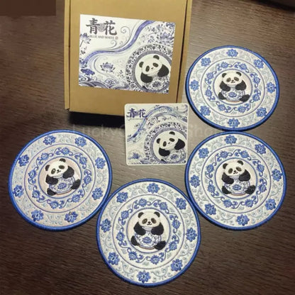 Blue and White Porcelain Embroidered Panda Tea Coaster - Fabric Mat