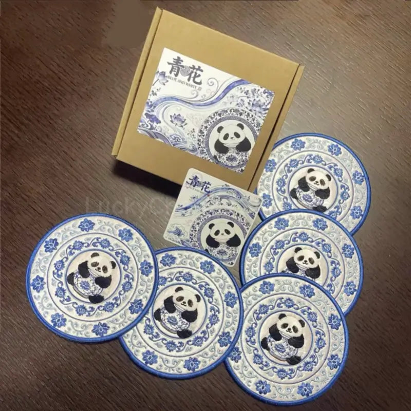 Blue and White Porcelain Embroidered Panda Tea Coaster - Fabric Mat