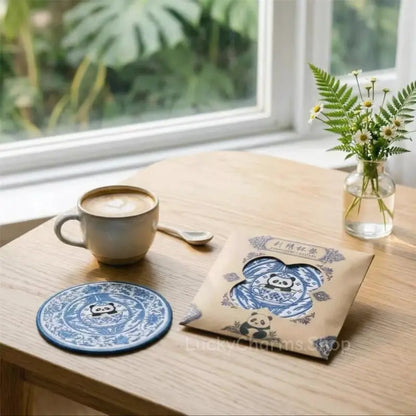 Blue and White Porcelain Embroidered Panda Tea Coaster - Fabric Mat