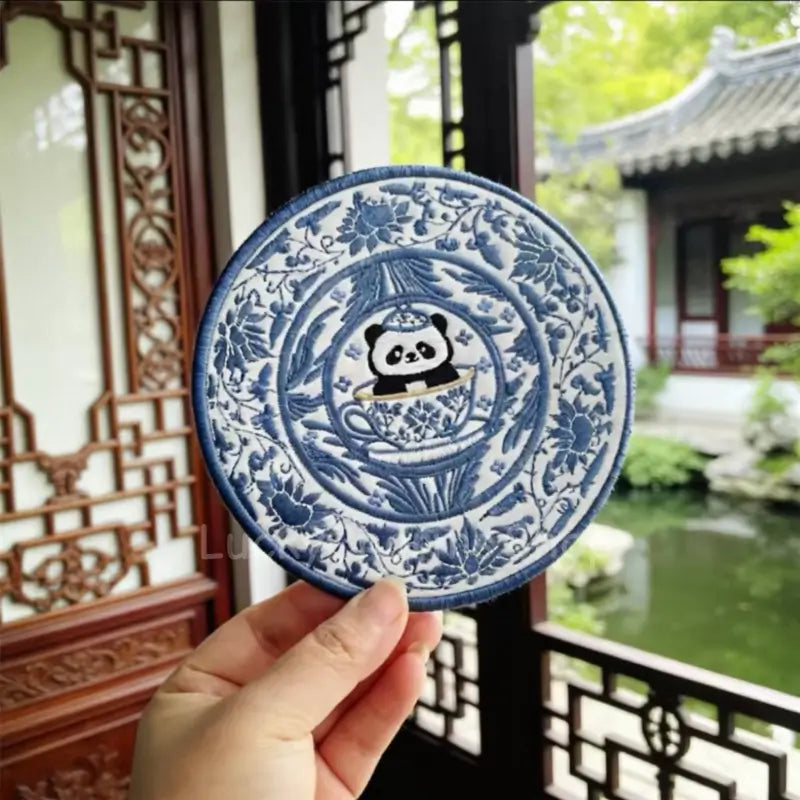 Blue and White Porcelain Embroidered Panda Tea Coaster - Fabric Mat