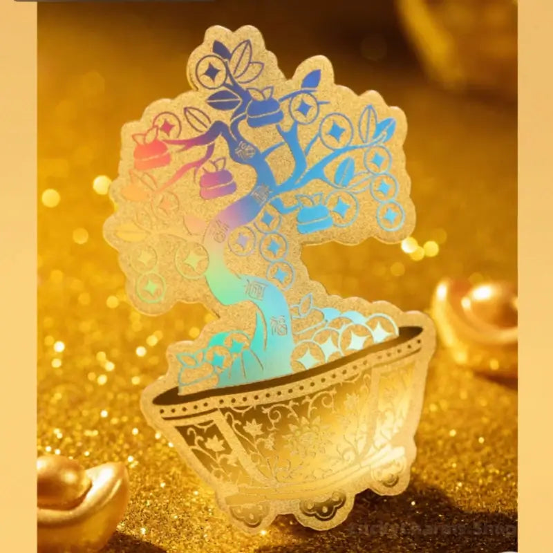 Money Tree 999 Pure Gold Phone Sticker | 2mg/Piece, 4.2*6.2cm, Iridescent Craft, Copper Coin & Persimmon Elements, Lucky Meaning-LuckyCharms.Shop