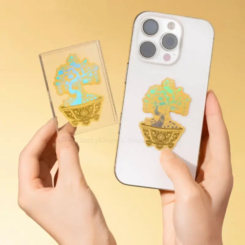 Money Tree 999 Pure Gold Phone Sticker | 2mg/Piece, 4.2*6.2cm, Iridescent Craft, Copper Coin & Persimmon Elements, Lucky Meaning-LuckyCharms.Shop