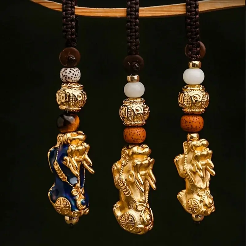 Solid Brass Gold-Plated Pixiu Keychain | Six-Syllable Mantra Beads, 3 Styles-LuckyCharms.Shop