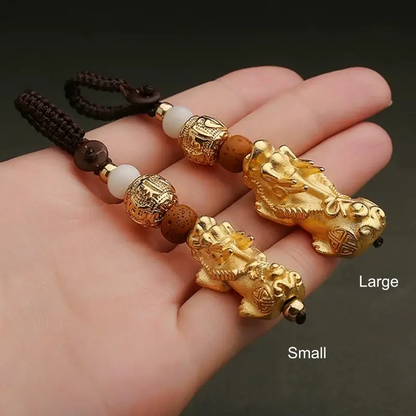 Solid Brass Gold-Plated Pixiu Keychain | Six-Syllable Mantra Beads, 3 Styles-LuckyCharms.Shop