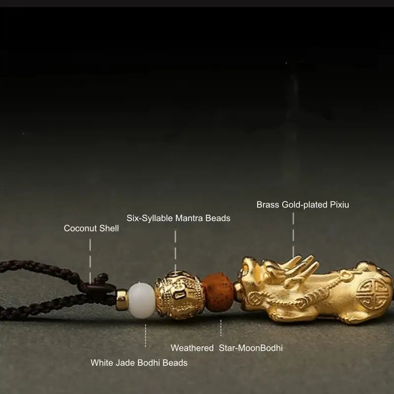 Solid Brass Gold-Plated Pixiu Keychain | Six-Syllable Mantra Beads, 3 Styles-LuckyCharms.Shop