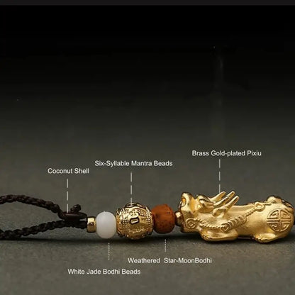 Solid Brass Gold-Plated Pixiu Keychain | Six-Syllable Mantra Beads, 3 Styles-LuckyCharms.Shop