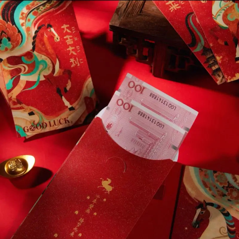 Dunhuang Heavenly Horse Red Envelopes | Festive Glitter Red-Gold Set 6pcs for Year of the Horse Gifting-LuckyCharms.Shop