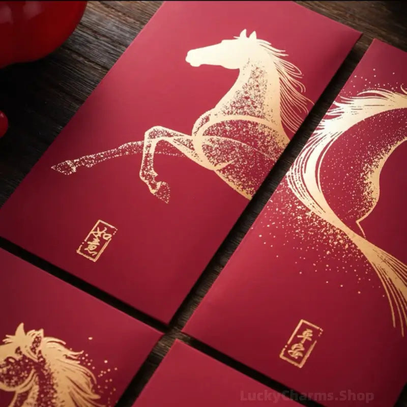 Burgundy Textured Red Envelopes | Gold Horse 6 Blessings Set for Year of the Horse-LuckyCharms.Shop