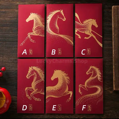 Burgundy Textured Red Envelopes | Gold Horse 6 Blessings Set for Year of the Horse-LuckyCharms.Shop