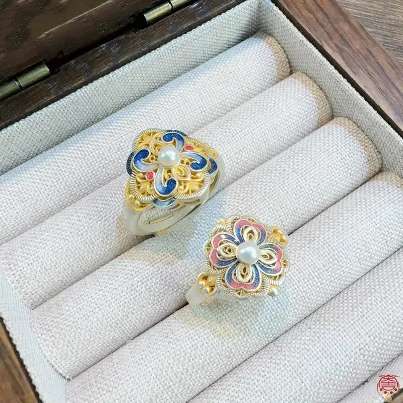 S999 Sterling Silver Enamel Four-Petal Flower Ring - Adjustable