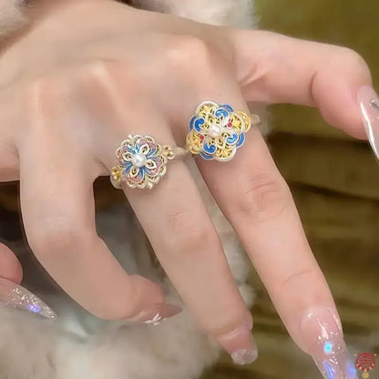 S999 Sterling Silver Enamel Four-Petal Flower Ring - Adjustable