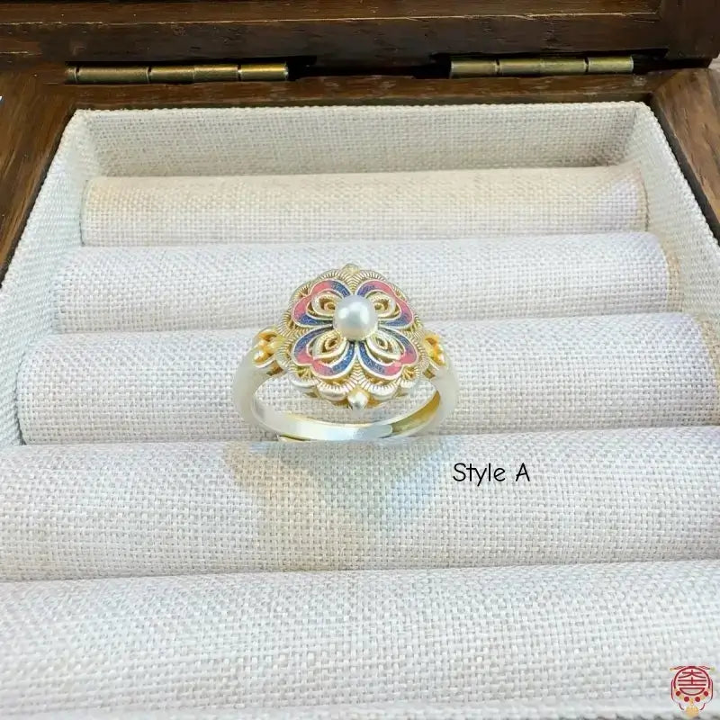 S999 Sterling Silver Enamel Four-Petal Flower Ring - Adjustable