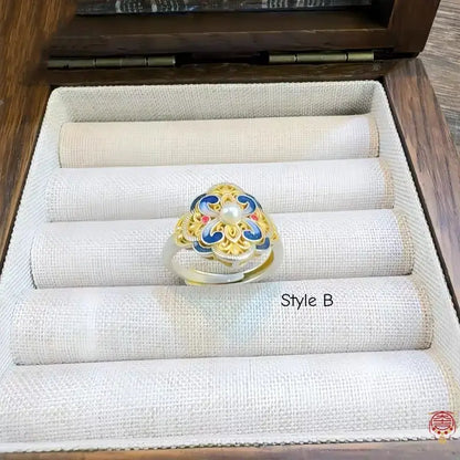 S999 Sterling Silver Enamel Four-Petal Flower Ring - Adjustable
