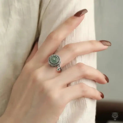 Spinning Mantra Lotus & Blue Water Jade Ring | 925 Sterling Silver Adjustable Band