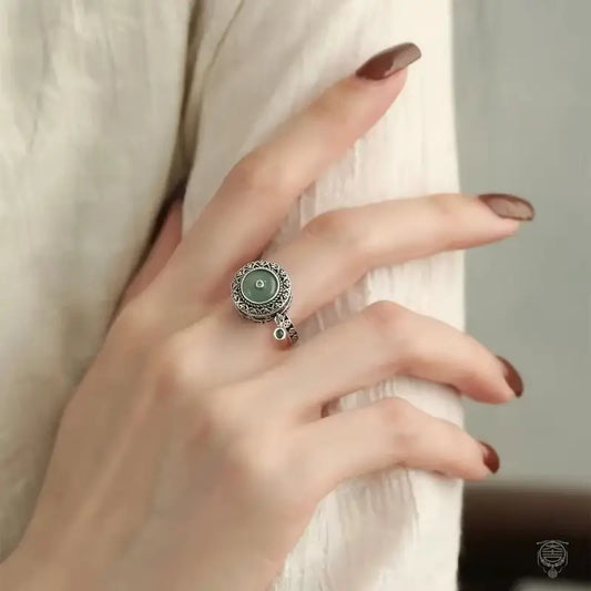 Spinning Mantra Lotus & Blue Water Jade Ring | 925 Sterling Silver Adjustable Band