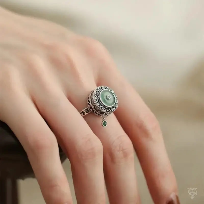 Spinning Mantra Lotus & Blue Water Jade Ring | 925 Sterling Silver Adjustable Band
