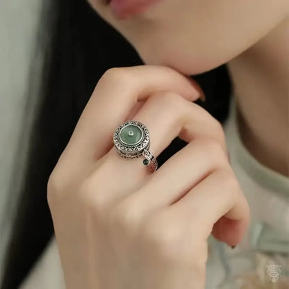 Spinning Mantra Lotus & Blue Water Jade Ring | 925 Sterling Silver Adjustable Band