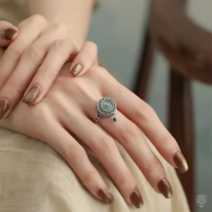 Spinning Mantra Lotus & Blue Water Jade Ring | 925 Sterling Silver Adjustable Band