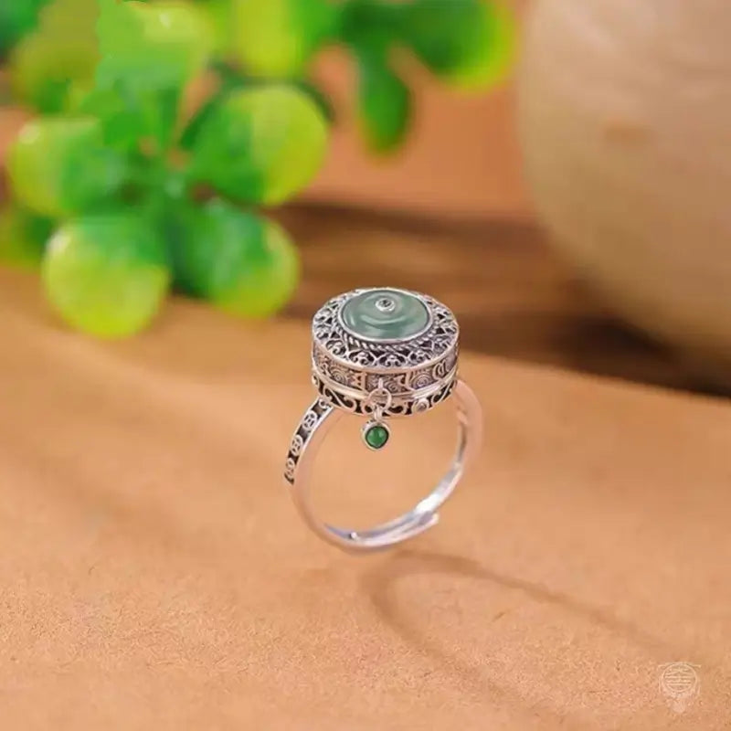 Spinning Mantra Lotus & Blue Water Jade Ring | 925 Sterling Silver Adjustable Band