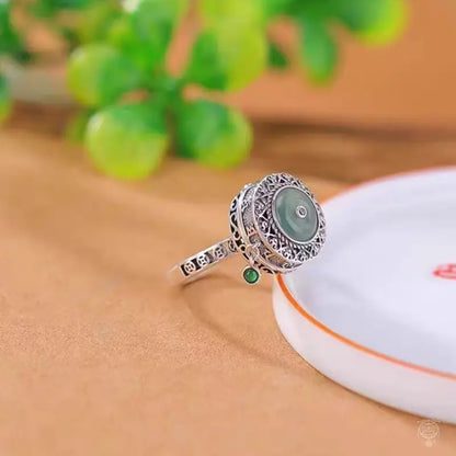 Spinning Mantra Lotus & Blue Water Jade Ring | 925 Sterling Silver Adjustable Band