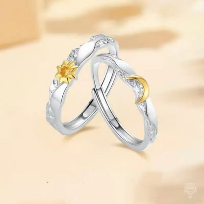 S925 Sterling Silver Sun & Moon Matching Open Rings Set for Couples – Two-Tone