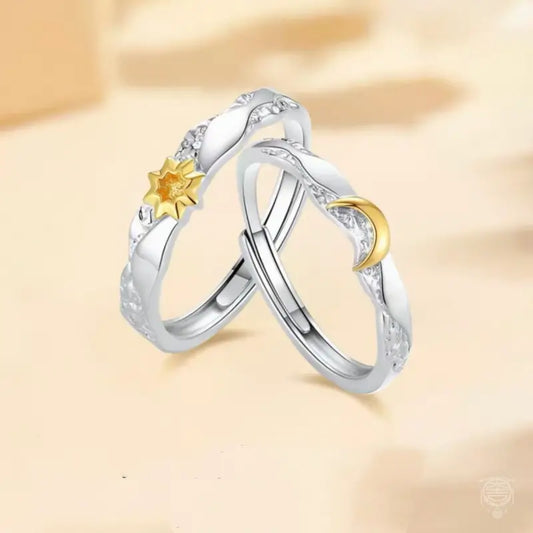 S925 sterling silver sun and moon couple matching adjustable rings with gold accents.