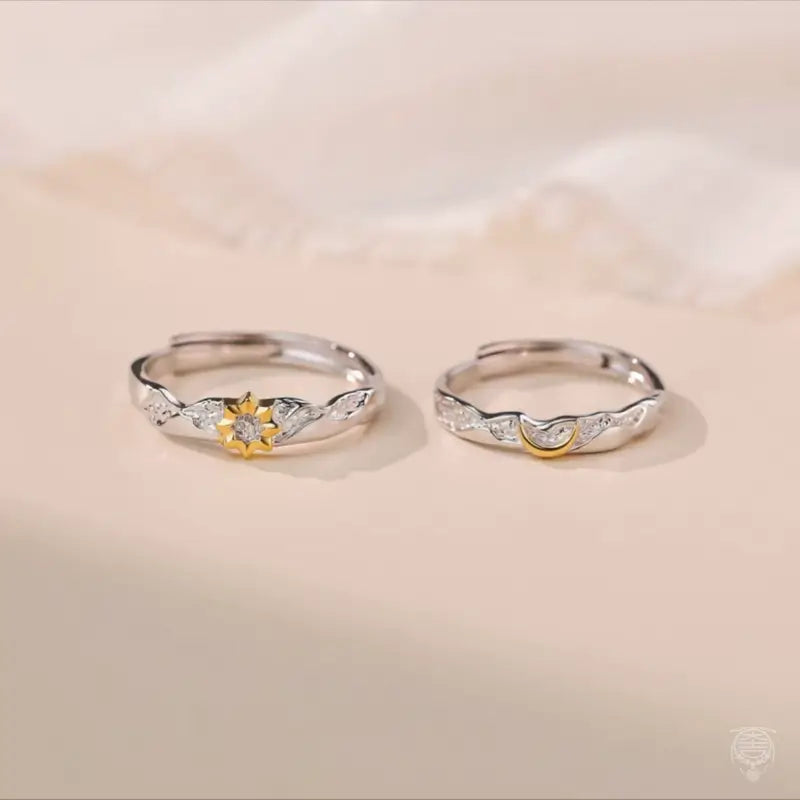 S925 Sterling Silver Sun & Moon Matching Open Rings Set for Couples – Two-Tone