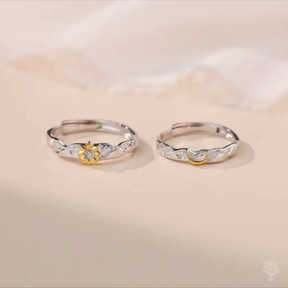 S925 Sterling Silver Sun & Moon Matching Open Rings Set for Couples – Two-Tone