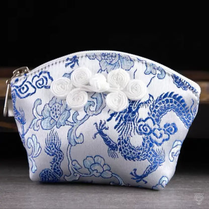 Embroidered Brocade Shell Coin Purse & Jewelry Pouch