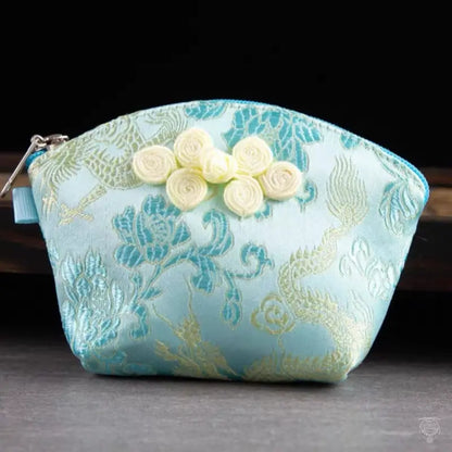 Embroidered Brocade Shell Coin Purse & Jewelry Pouch