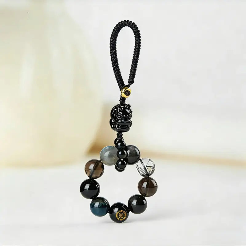 Porte-clés et breloque pour téléphone en cristal Pixiu des Cinq Éléments | Cristal naturel précieux, talisman porte-bonheur