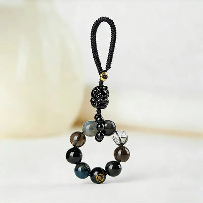 Porte-clés et breloque pour téléphone en cristal Pixiu des Cinq Éléments | Cristal naturel précieux, talisman porte-bonheur