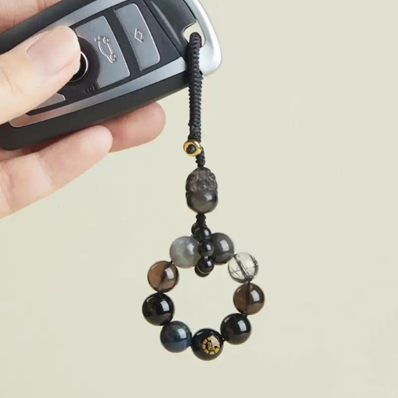 Porte-clés et breloque pour téléphone en cristal Pixiu des Cinq Éléments | Cristal naturel précieux, talisman porte-bonheur