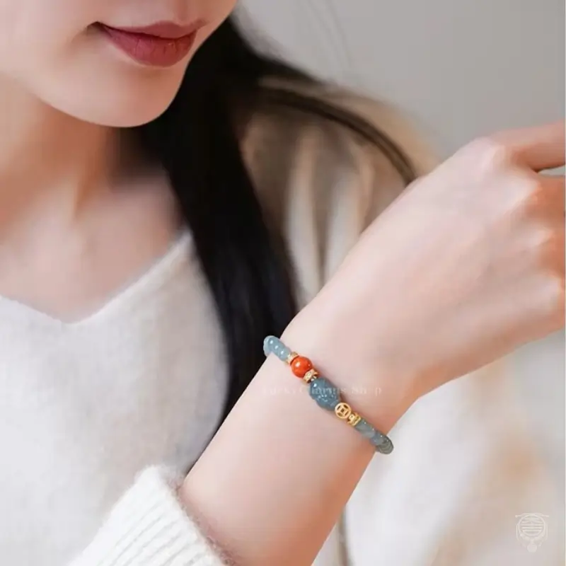 Blue Water Jadeite Pixiu Bracelet - Red Jadeite & Gold Accent Strand