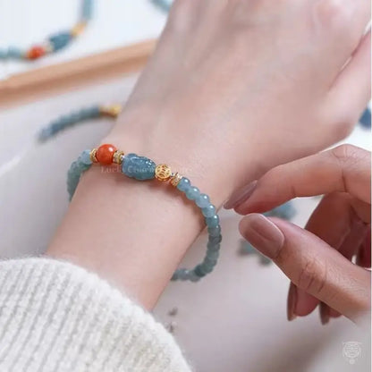 Blue Water Jadeite Pixiu Bracelet - Red Jadeite & Gold Accent Strand