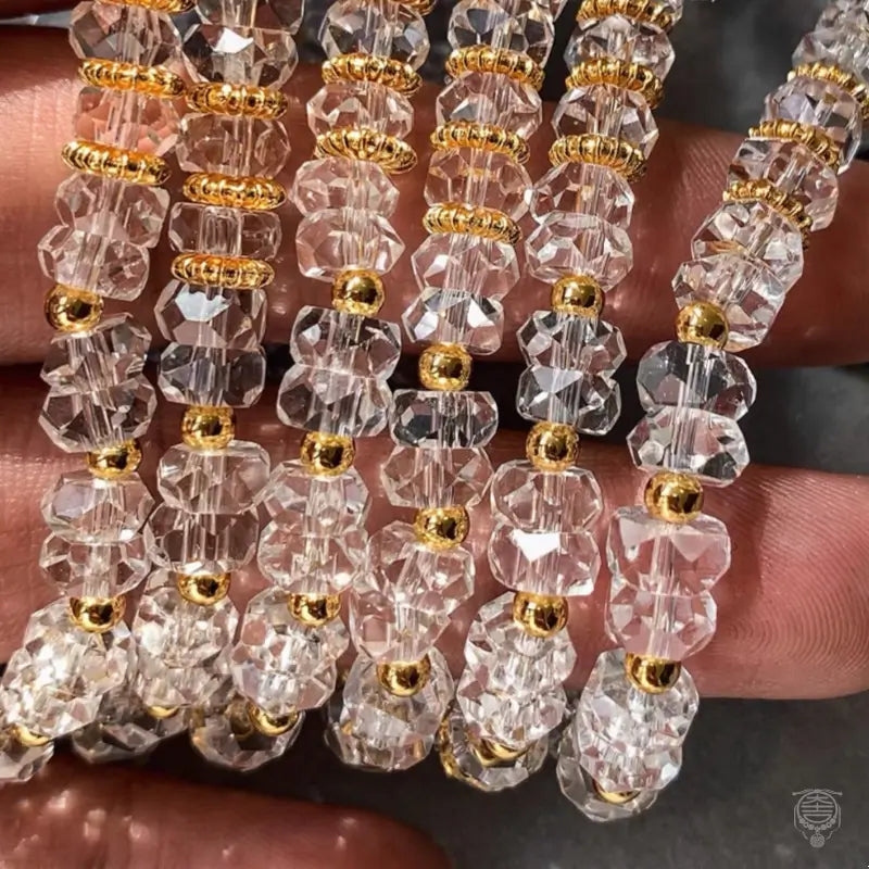 Diamond-Cut Clear Quartz Bead Bracelet for Women – 22K Gold Plated Accents